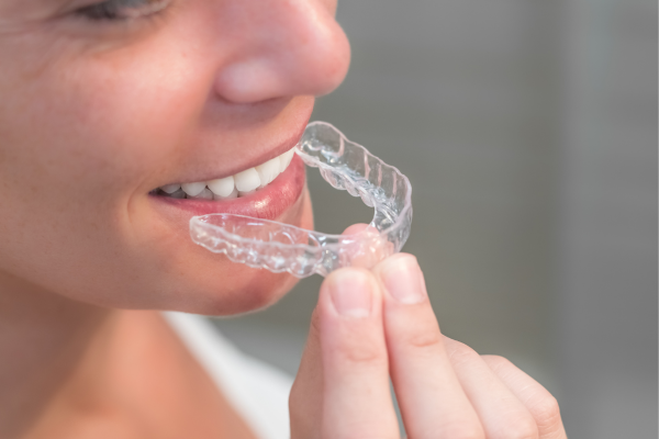 Ortodoncia Invisible: Comodidad y Discreción Primer plano de una persona colocando una férula de ortodoncia invisible en su dentadura